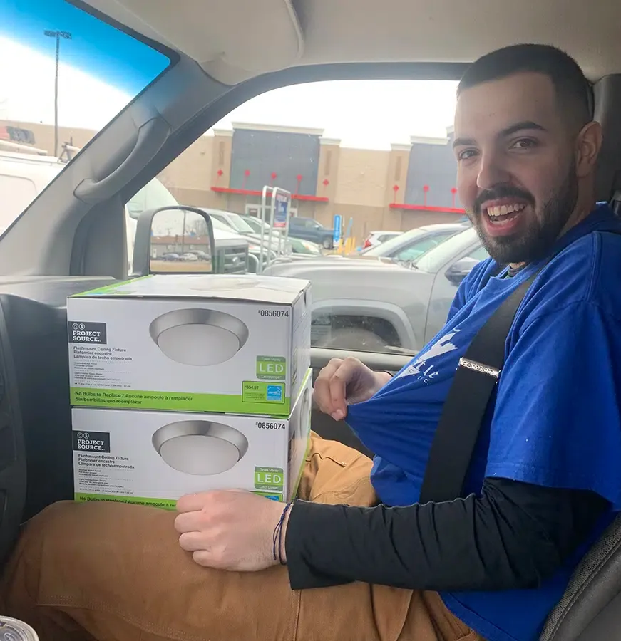 Castle Electric electrician picks up LED flush-mount fixtures for a Massachusetts lighting install
