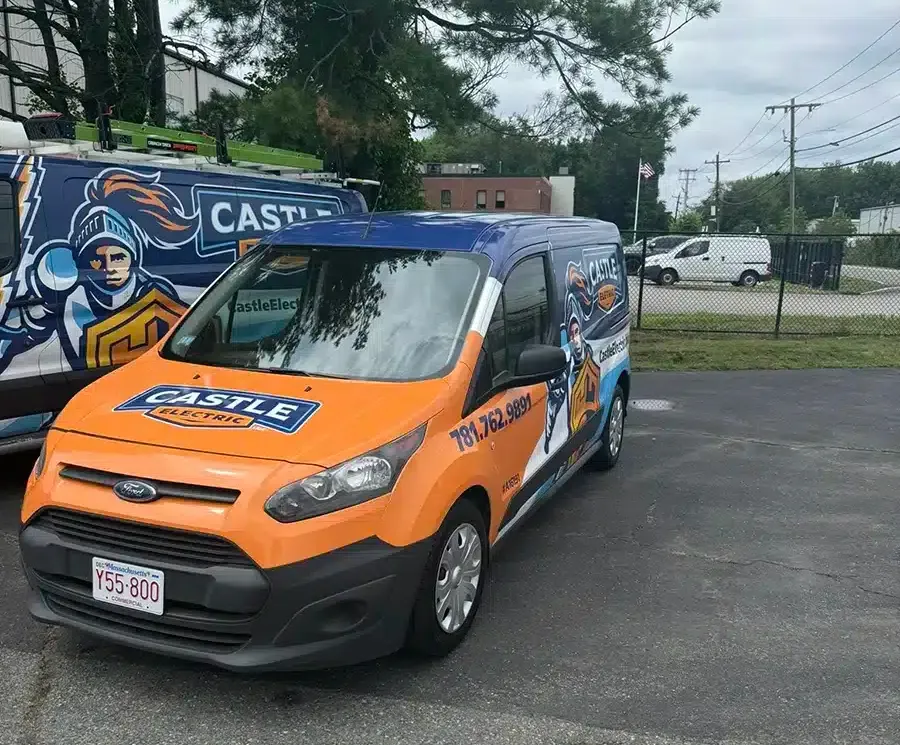 Castle Electric fleet of licensed electrician vans ready to serve homes and businesses across Eastern Massachusetts