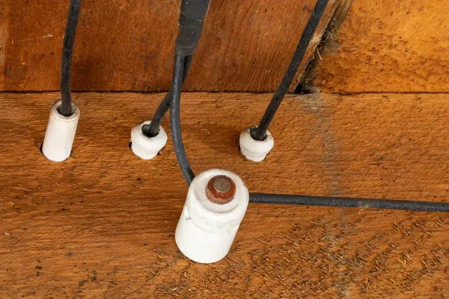 Knob and tube wiring removal in an older home with exposed ceramic insulators and electrical wiring during a professional rewiring and electrical upgrade project.