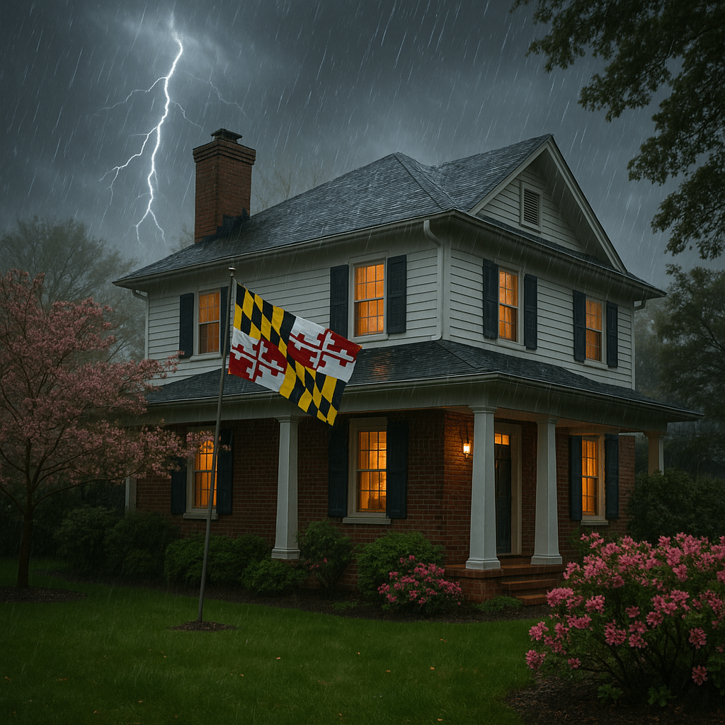 Suburban home under dark storm clouds during heavy spring weather.