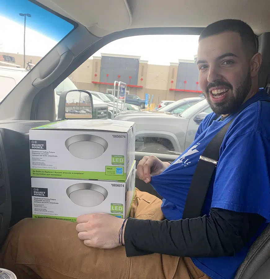 Castle Electric electrician picks up LED flush-mount fixtures for a Massachusetts lighting install