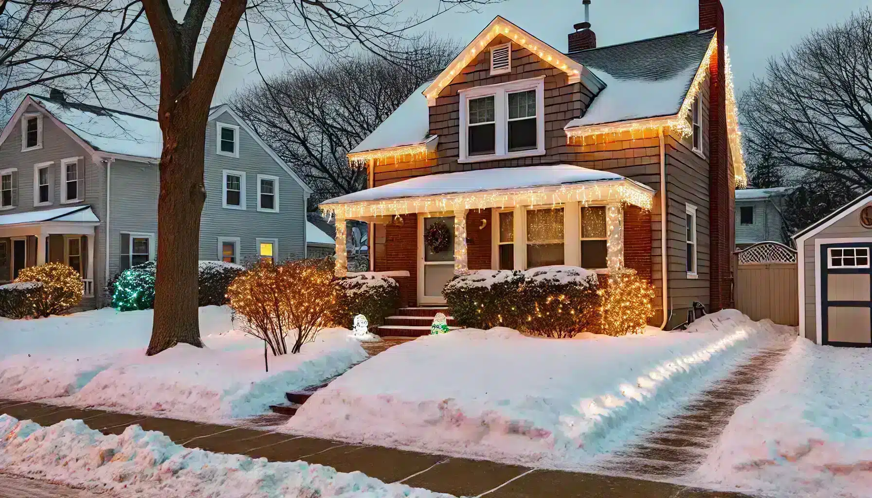 outdoor holiday lights on a residential home during winter in Newton, MA